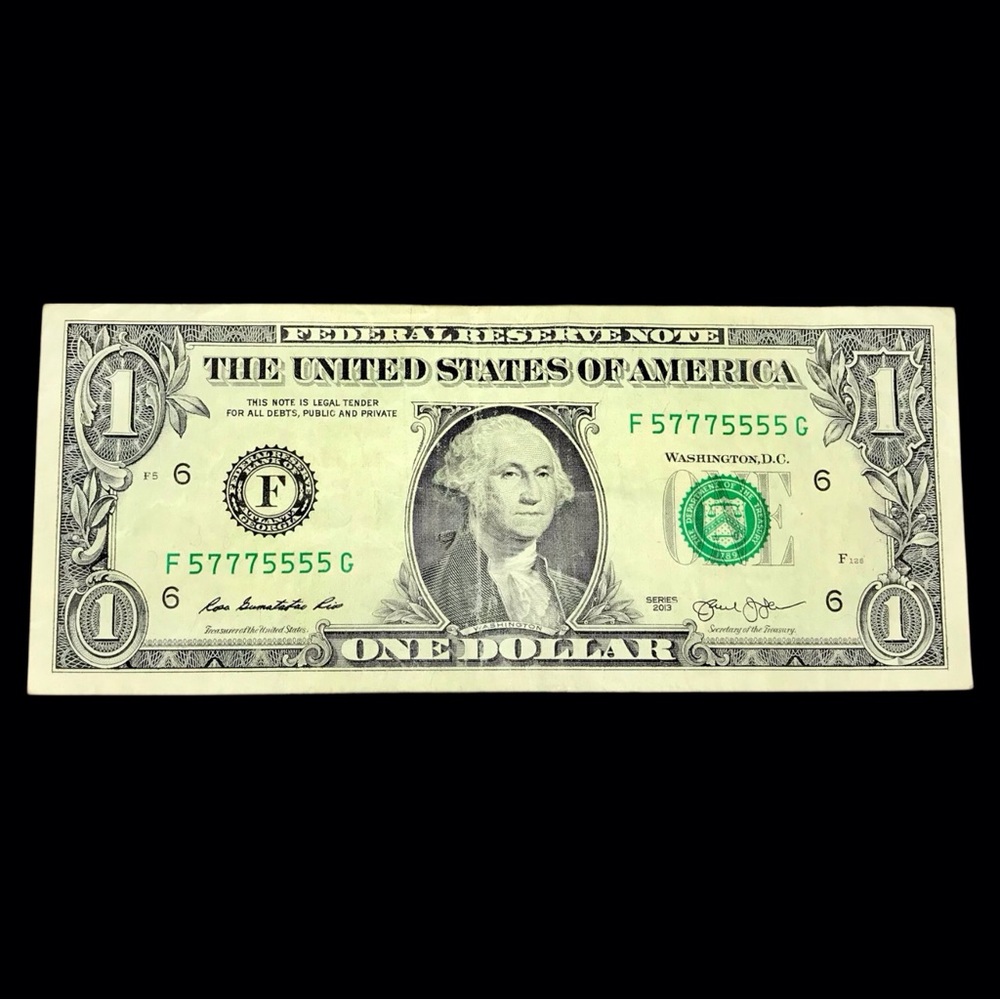 57775555 — Binary Serial, Triple 7s into Quad 5s, Series 2013 $1
